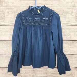 Free People Another Eternity Blouse Small Urban Outfitters Navy EYELET MOCK NECK